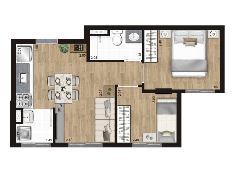 Planta 2 Dorms · 38m² do Gran Kazzas Sacomã