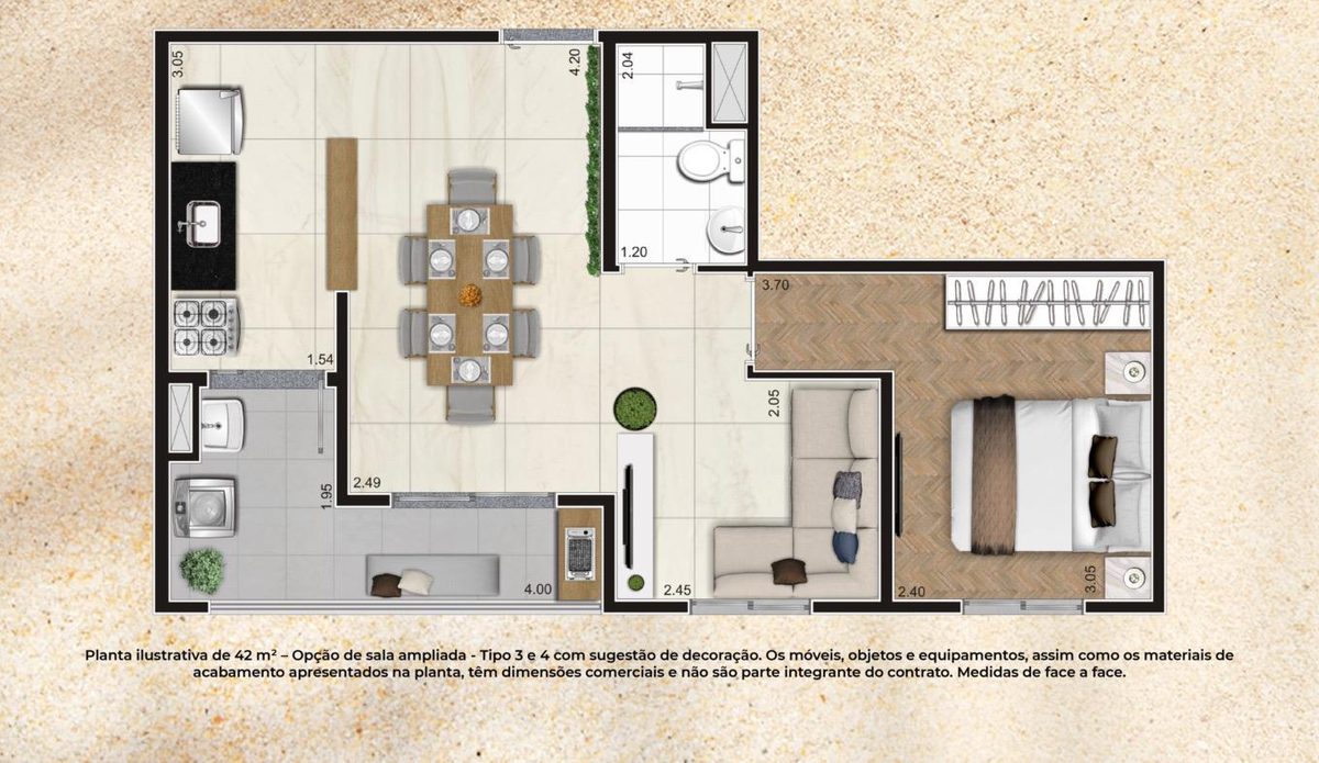Planta 1 Quarto · 42m² com sala ampliada do Gran Kazzas Sacomã Club, com medidas