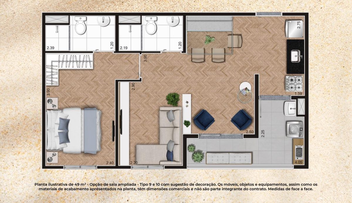 Planta 1 Quarto · 49m² com suíte e sala ampliada do Gran Kazzas Sacomã Club, com medidas