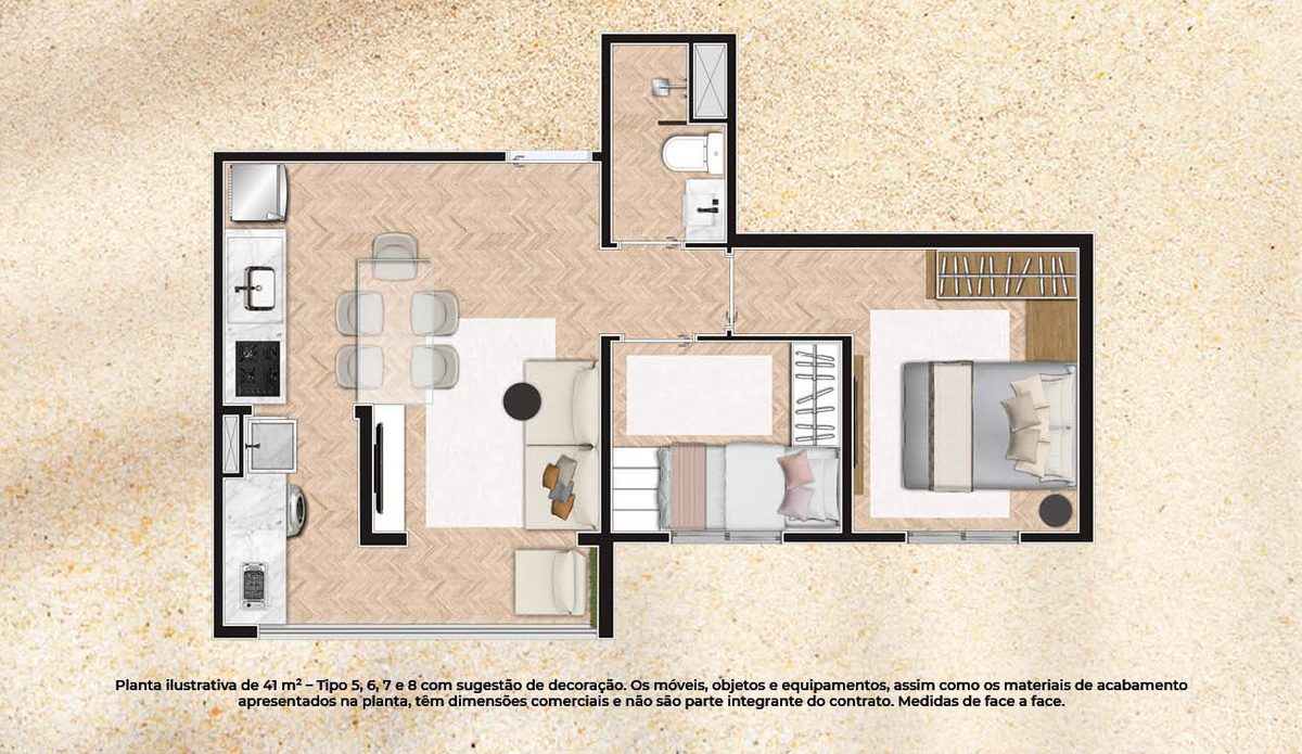 Planta 2 Quartos · 41m² decorado do Gran Kazzas Sacomã Club, com medidas