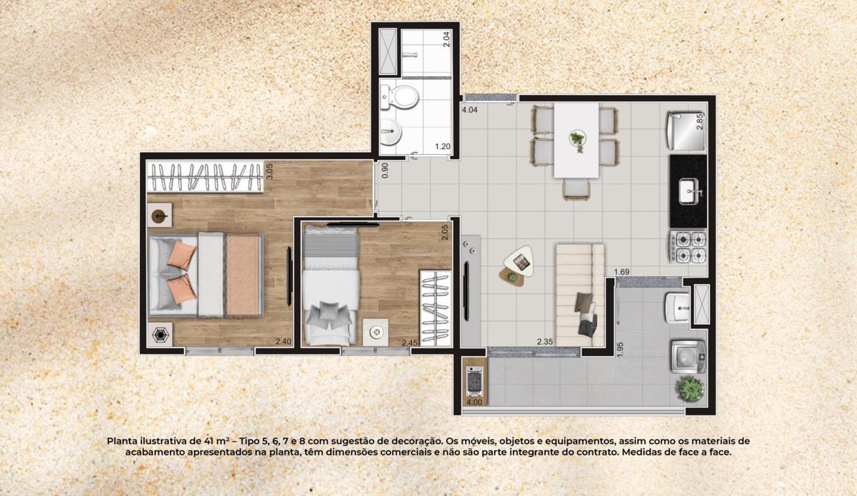 Planta 2 Quartos · 41m² do Gran Kazzas Sacomã Club, com medidas