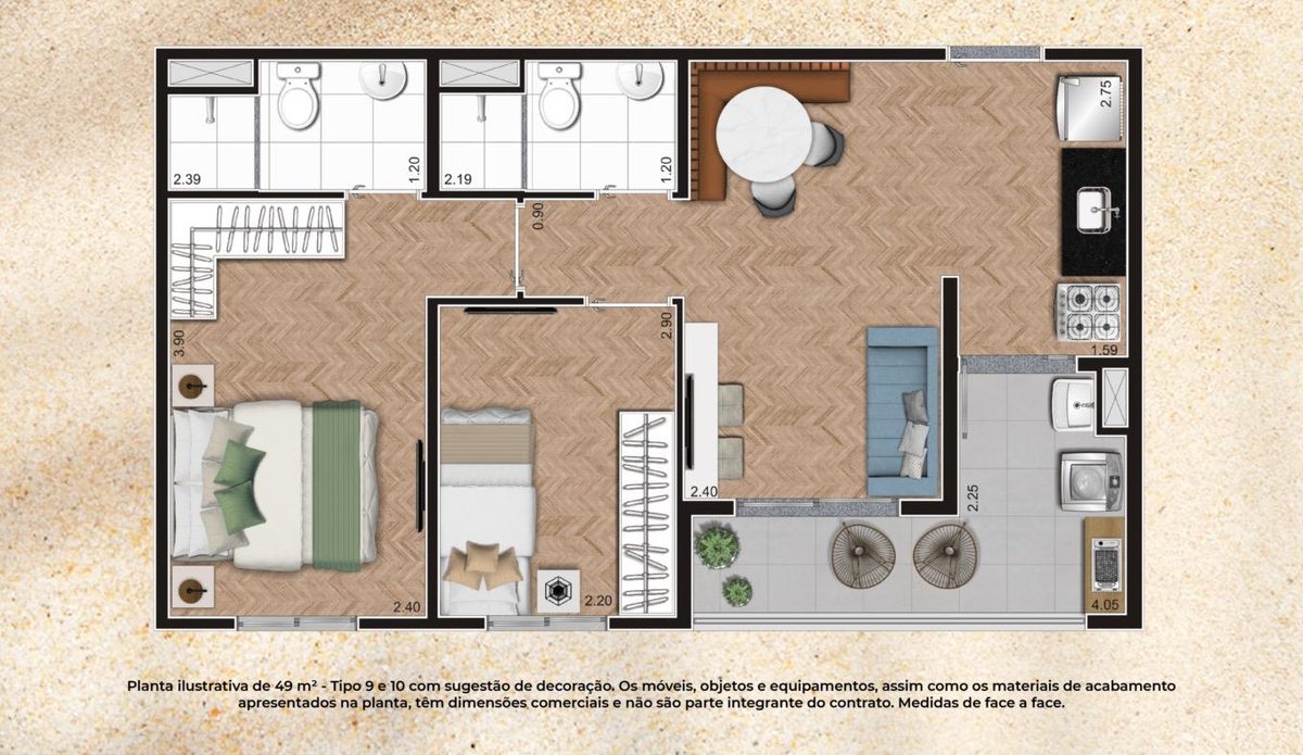 Planta 2 Quartos · 49m² com suíte do Gran Kazzas Sacomã Club, com medidas