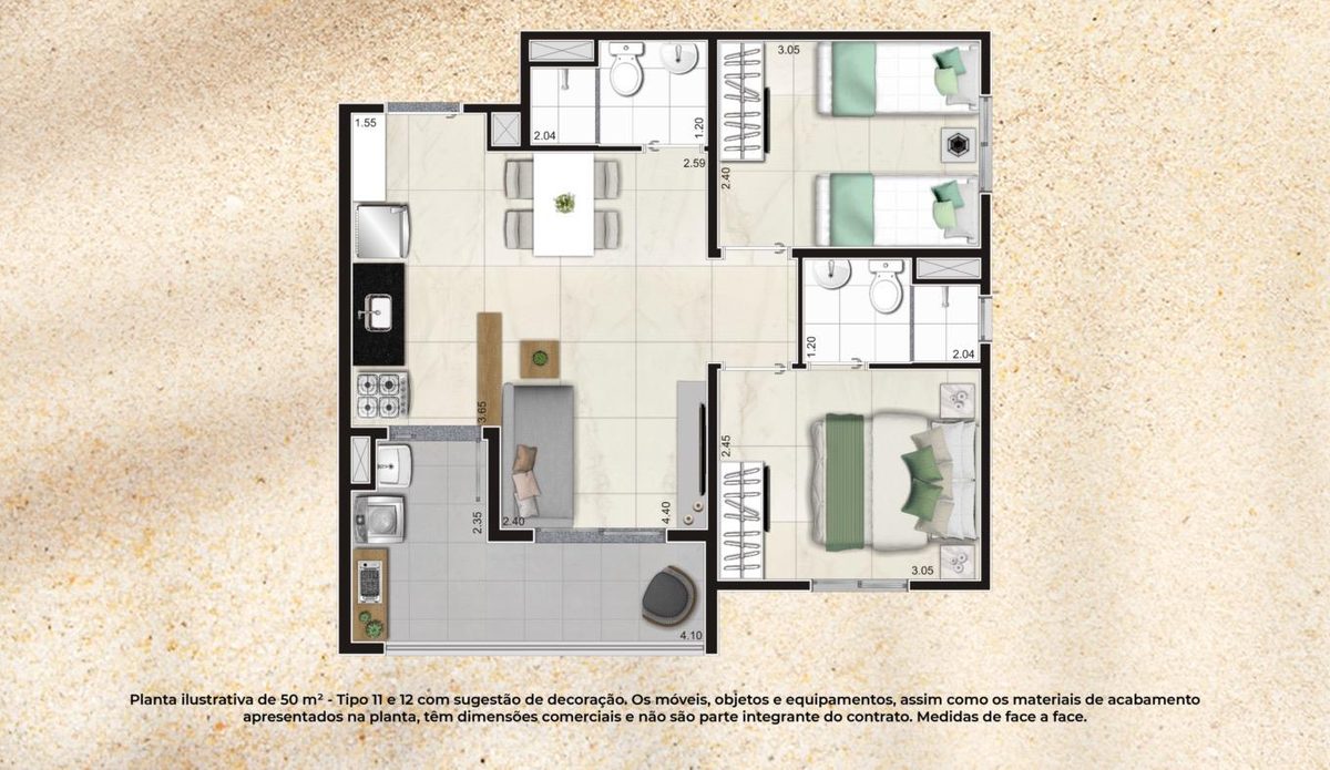 Planta 2 Quartos · 50m² com suíte do Gran Kazzas Sacomã Club, com medidas