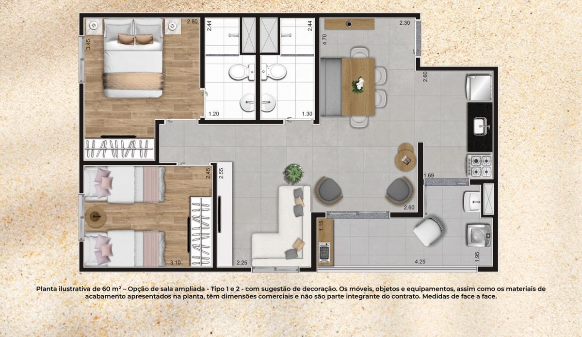 Planta 2 Quartos · 60m² com suíte e sala ampliada do Gran Kazzas Sacomã Club, com medidas