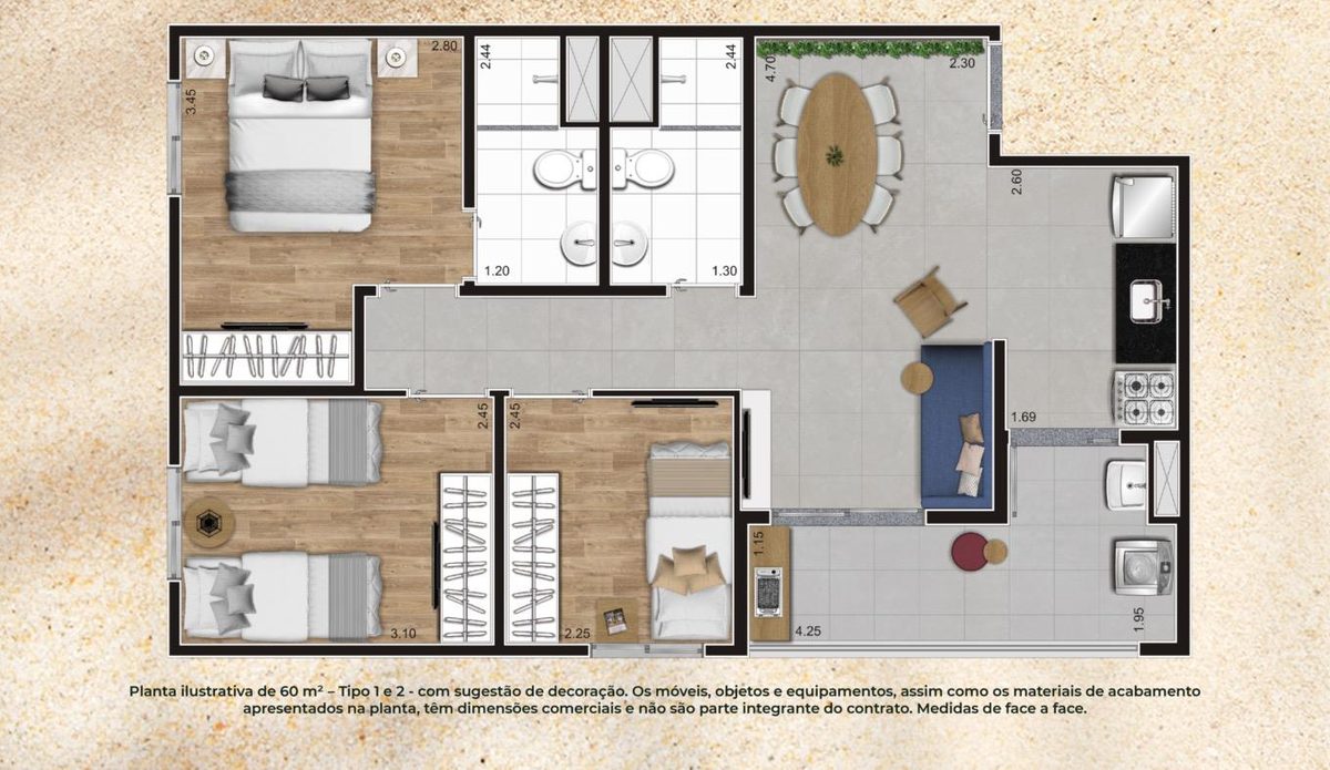 Planta 3 Quartos · 60m² com suíte do Gran Kazzas Sacomã Club, com medidas